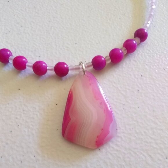 Pink & White Agate + Sugilite Choker Bib Necklace ~ Unique Feminine Girlie Boho - Picture 5 of 9